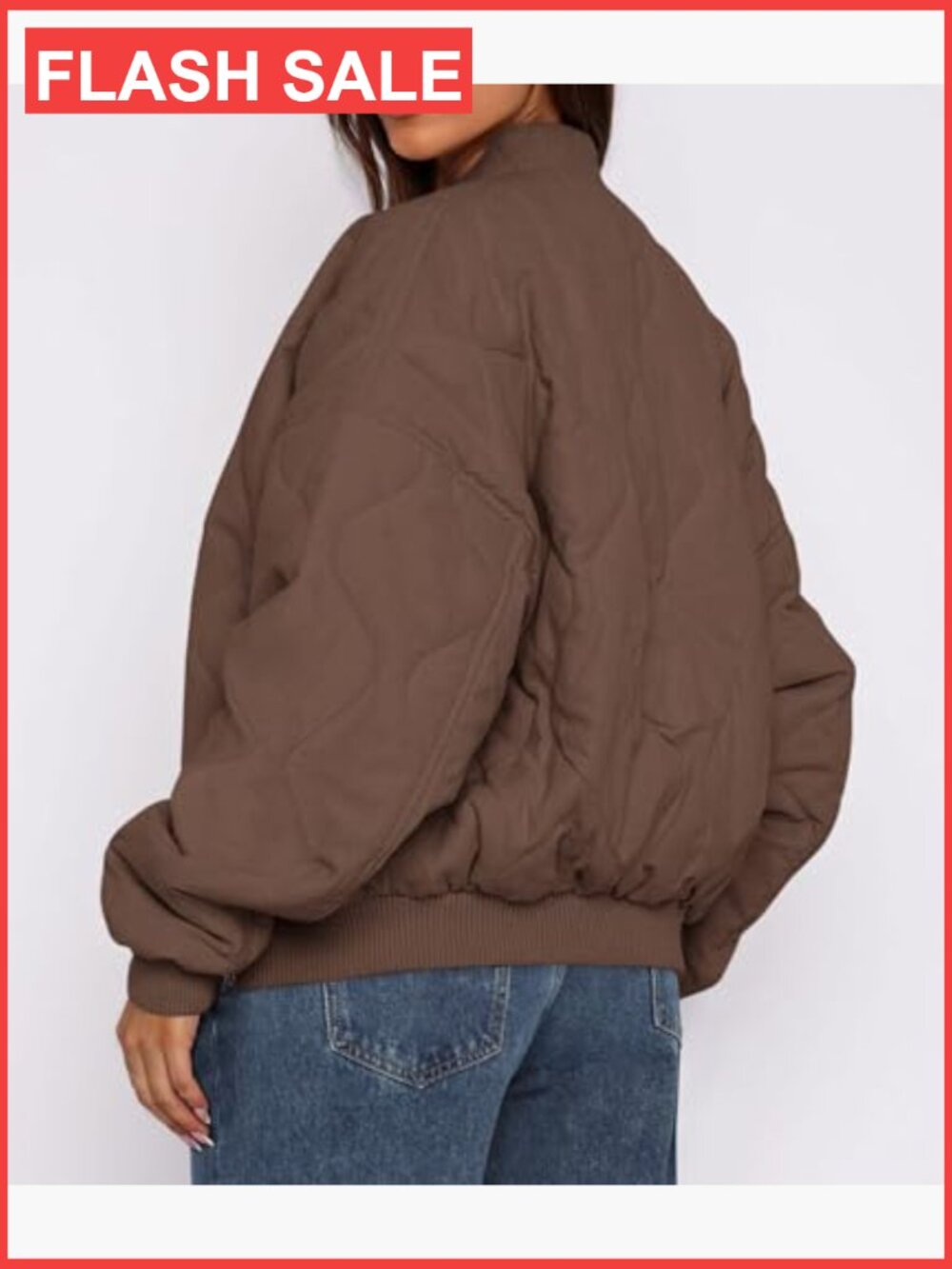 Quilted Bomber Jacket Lightweight Cropped Zip Up Puffer Coat with Pockets - Picture 4 of 7